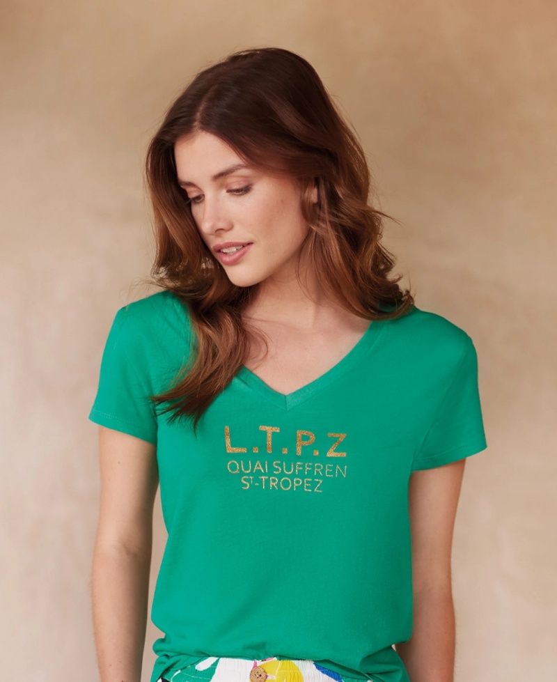 T-Shirt Les Tropeziennes CRYOSOL Corta Sleeve V-neck Vert Femme|YODC-04545163